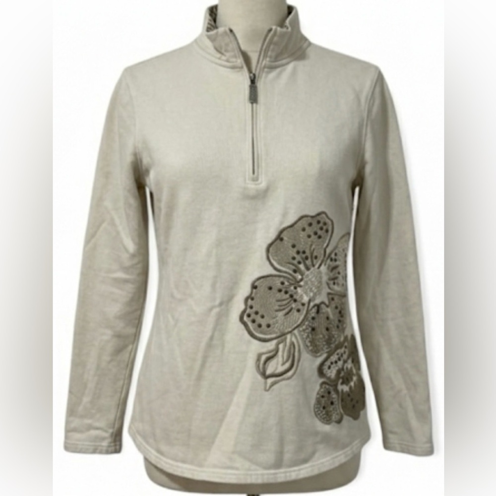 Coldwater Creek Floral Embroidered 1/4 Zip Pullover Cream XS 4
